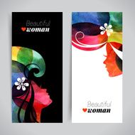 Set of banners with watercolor beautiful girl silhouettes Vecto