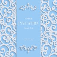 Vector Blue 3d Vintage Invitation Card with Swirl Damask Pattern N2