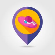 Beach hat flat mapping pin icon with long shadow