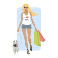 Young woman walking with dog pug