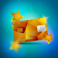 Gold Shiny Plastic Credit Card on Blue Background with Stars