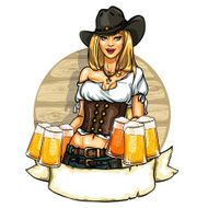 Pretty cowgirl with beer mugs label
