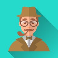 Hipster man with moustache and pipe square flat icon