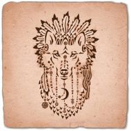 Wolf in war bonnet hand drawn animal illustration N3