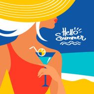 Summer background with beautiful woman silhouette at the seaside