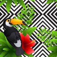 Vector tropical pattern with toucan and hibiscus palm leaves N2