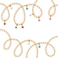 Curly golden chains with colorful beads background