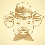 Sketch pig in hat with mustche vector ackground