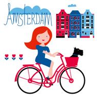 Amsterdam red-haired girl by bicycle with a dog in basket