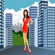 woman red dress city fashion street sale
