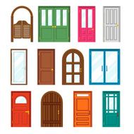 Set of front buildings doors in flat design style