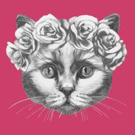 Hand drawn portrait of Cat with floral head wreath