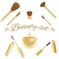 Set of cosmetic brushes mascara lipgloss and perfume bottle