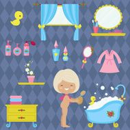 Little girl bathroom time Vector icons collection