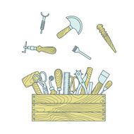 Leather craft tools in toolbox vector illustration