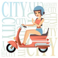 Beautiful woman with her scooter on typographic background