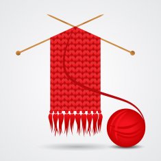 Knitted red scarf with a yarn ball