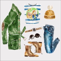 Watercolor set with stylish fashion warm clothes