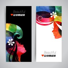 Set of banners with watercolor beautiful girl silhouettes Vecto