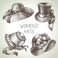 Hand drawn elegant vintage ladies set Sketch women hats Retro N2