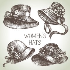 Hand drawn elegant vintage ladies set Sketch women hats Retro N3