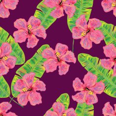 Seamless tropical pattern with banana leaves and flowers