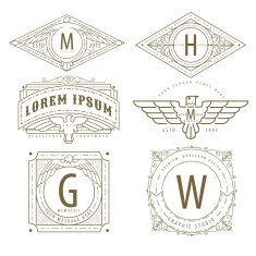 set of luxury hipster golden linear monogram minimal geometric vintage