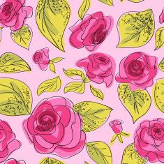 Seamless pattern with pink roses and leafs