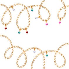 Curly golden chains with colorful beads background
