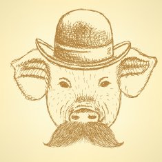 Sketch pig in hat with mustche vector ackground