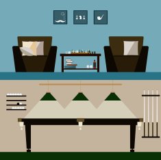 men's and billiard room interiors isolated on stylish cover