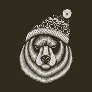 Bear hipster in knitted hat with jacquard pattern
