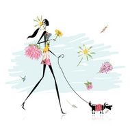 Floral girl walking with dog