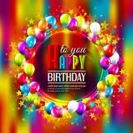 Birthday card with stars balloons and confetti on multicolored background