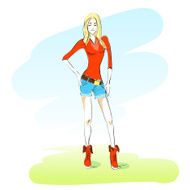 Fashion Woman Sketch Jeans Shorts Outdoor Vector