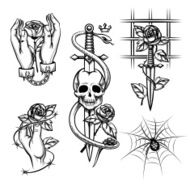 Criminal tattoo Rose in hands of knife behind bars spider