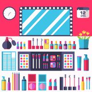 Flat women makeup cosmetics on the table with a mirror