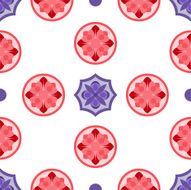 Seamless pattern with floral red and lilac rosettes in circles