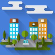 bright illustration with cartoon graphic city houses long shadows