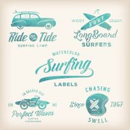 Vector Watercolor Retro Style Surfing Labels Logos or T-shirt