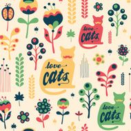 Colorful floral seamless pattern with love cats