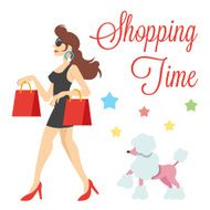 Elegant cute women with shopping bags and poodle vector illustration