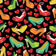 Colorful fashion women&#039;s shoes and hearts in seamless pattern