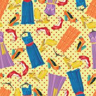 Colored dresses open shoes and polka dot in seamless pattern