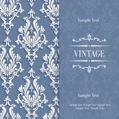 Vector Grey 3d Vintage Invitation Card with Floral Damask Pattern