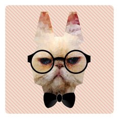 Polygonal Portrait of Hipster Cat on Pink Stripes Backgr