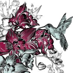 Background with orchids and hummingbird in watercolor style