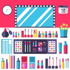 Flat women makeup cosmetics on the table with a mirror