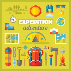 Expedition adventure - vector icons set in flat style design
