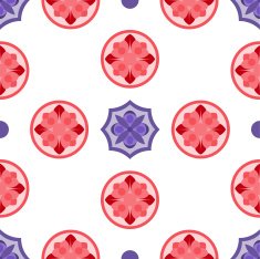 Seamless pattern with floral red and lilac rosettes in circles